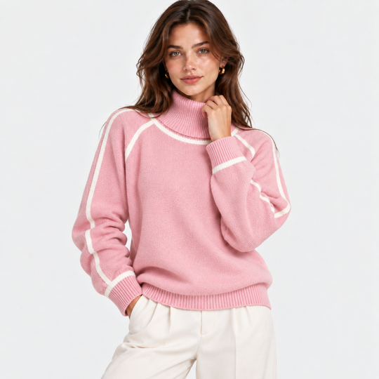 Rollkragenpullover Damen Kontrast Rand Strick Warm