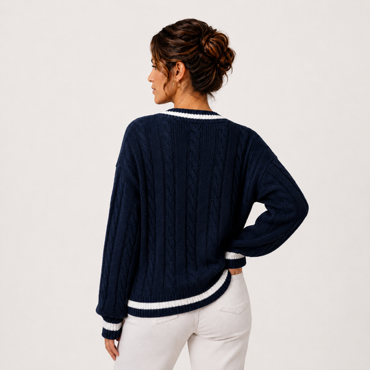 Zopfmuster Pullover Damen V-Ausschnitt Langarm Strick
