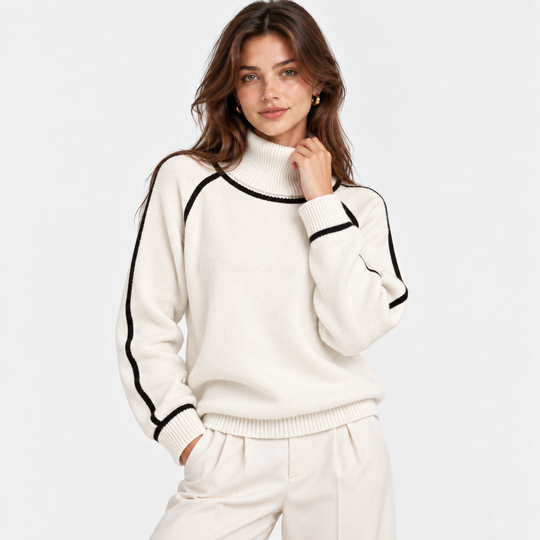 Rollkragenpullover Damen Kontrast Rand Strick Warm