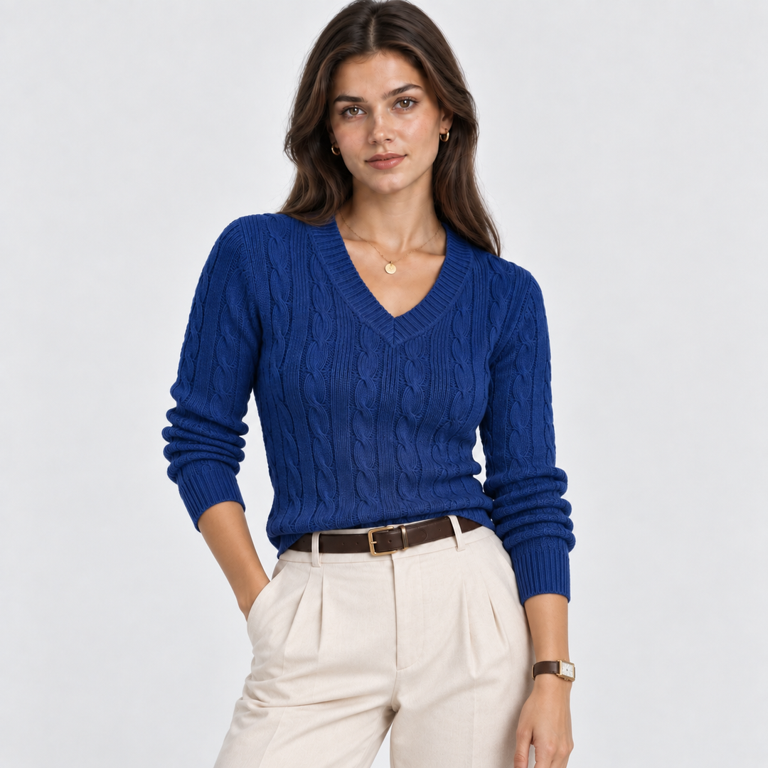 Zopfmuster Pullover Damen V-Ausschnitt Strick Warm