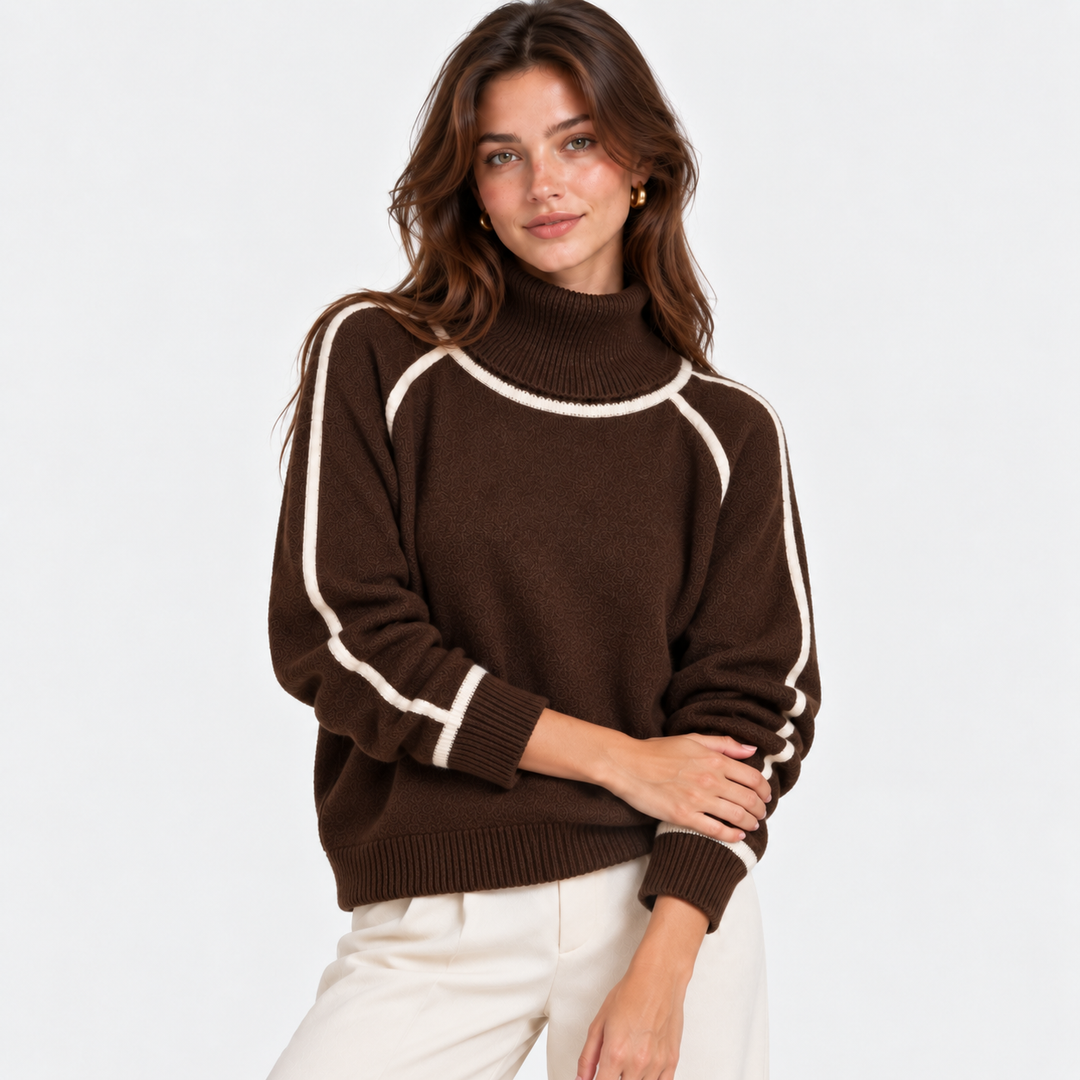 Rollkragenpullover Damen Kontrast Rand Strick Warm