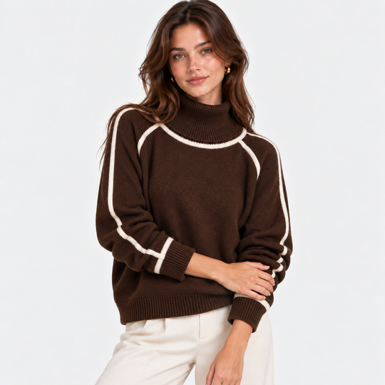 Rollkragenpullover Damen Kontrast Rand Strick Warm