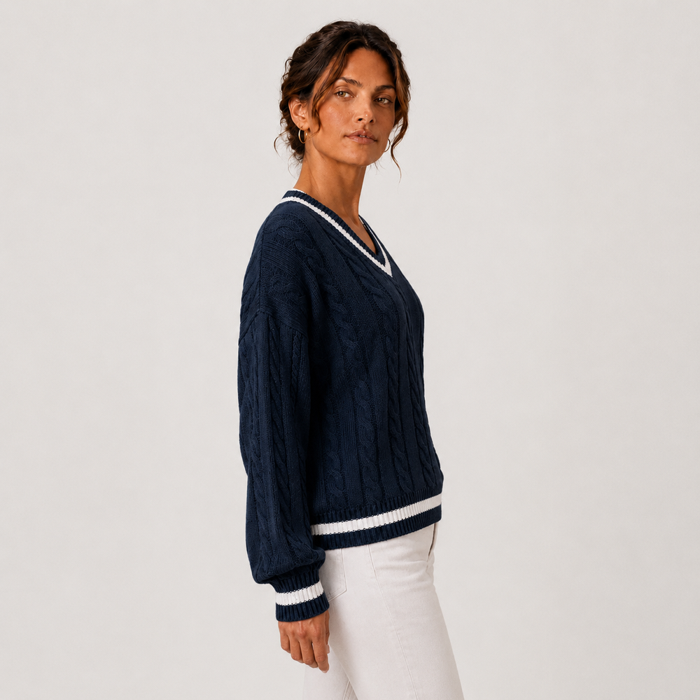Zopfmuster Pullover Damen V-Ausschnitt Langarm Strick