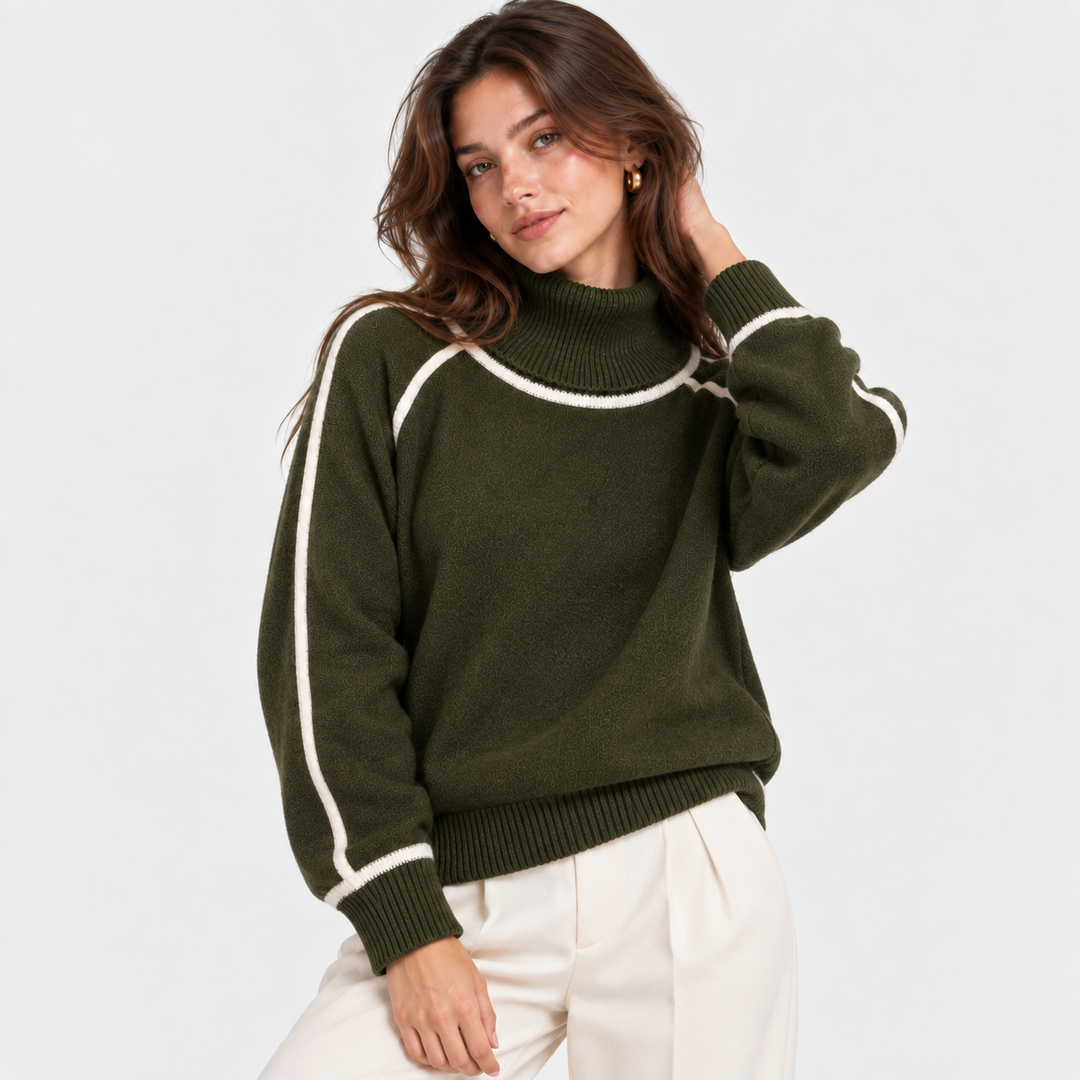 Rollkragenpullover Damen Kontrast Rand Strick Warm
