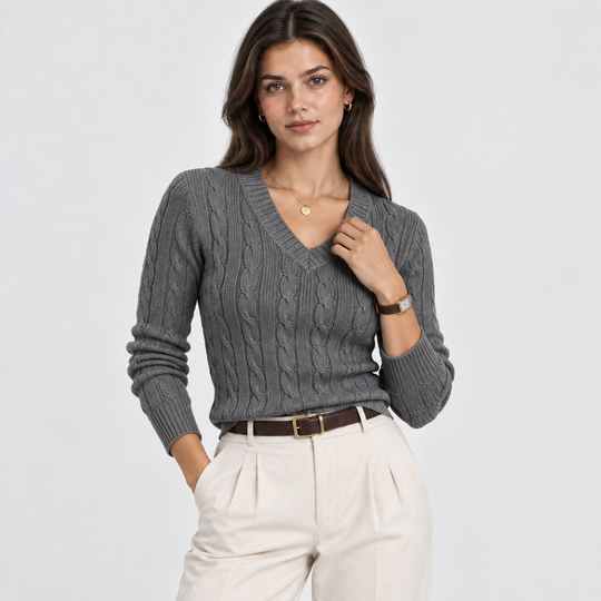 Zopfmuster Pullover Damen V-Ausschnitt Strick Warm