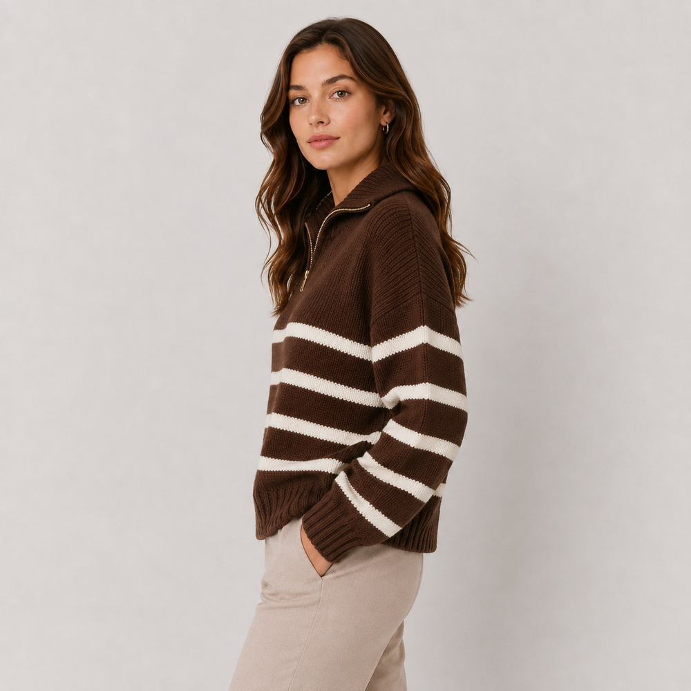 Troyer Pullover Damen Gestreift Halber Reißverschluss