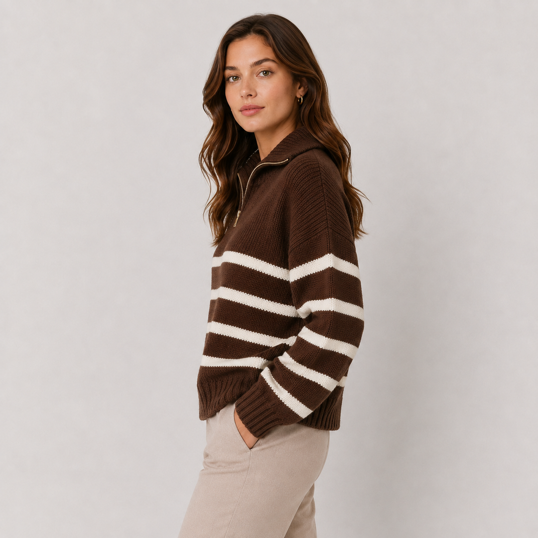 Troyer Pullover Damen Gestreift Halber Reißverschluss