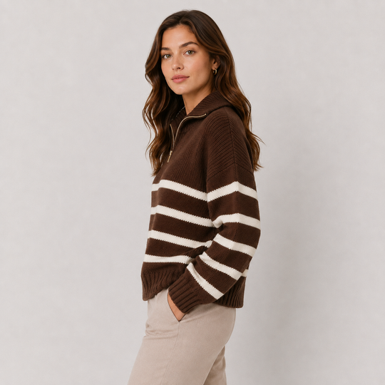 Troyer Pullover Damen Gestreift Halber Reißverschluss