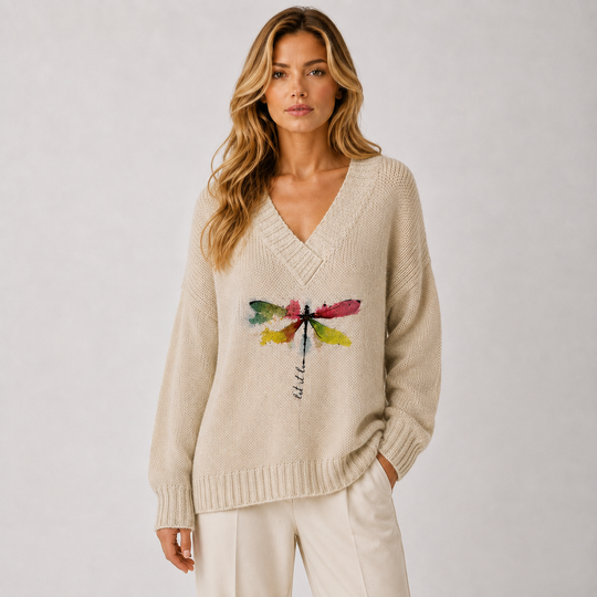 Pullover Damen V-Ausschnitt Libellen Motiv Langarm