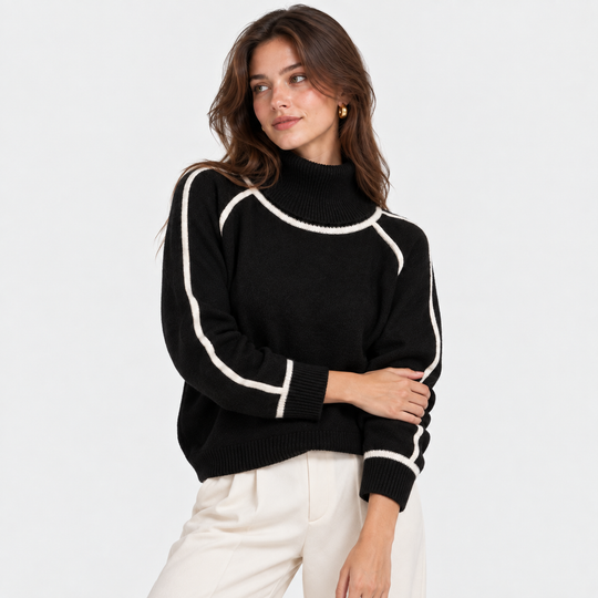 Rollkragenpullover Damen Kontrast Rand Strick Warm