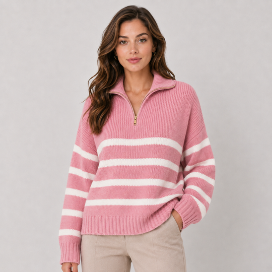 Troyer Pullover Damen Gestreift Halber Reißverschluss