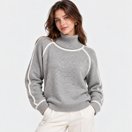 Rollkragenpullover Damen Kontrast Rand Strick Warm