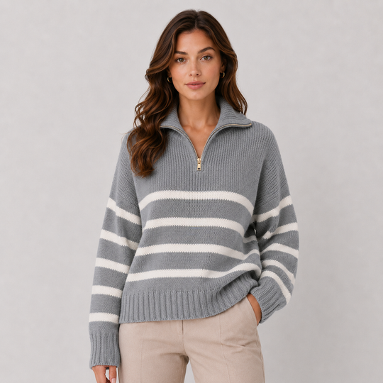 Troyer Pullover Damen Gestreift Halber Reißverschluss