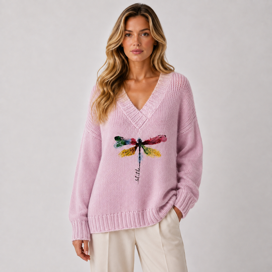 Pullover Damen V-Ausschnitt Libellen Motiv Langarm