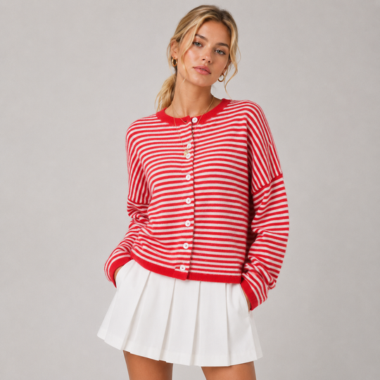 Strickjacke Damen Gestreift Locker Geschnitten Cardigan