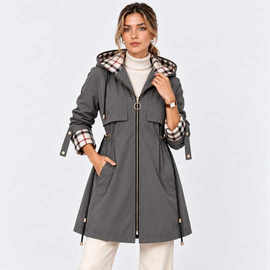Lange Kapuzenjacke Damen Reißverschluss Tunnelzug Taille
