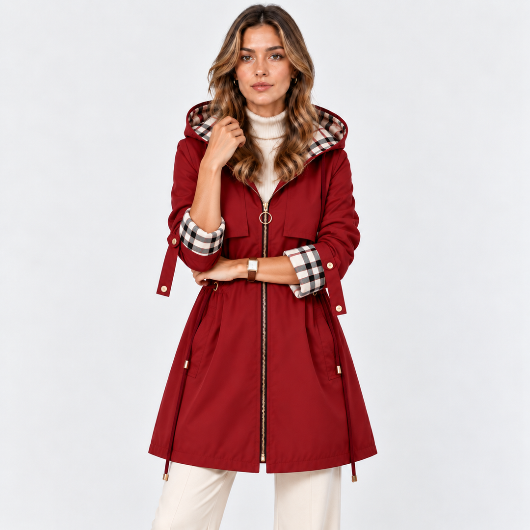 Lange Kapuzenjacke Damen Reißverschluss Tunnelzug Taille