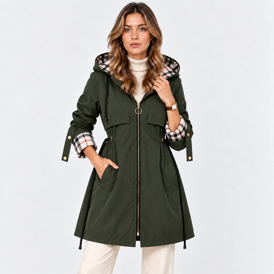 Lange Kapuzenjacke Damen Reißverschluss Tunnelzug Taille