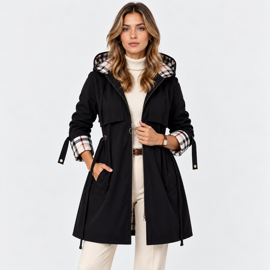 Lange Kapuzenjacke Damen Reißverschluss Tunnelzug Taille