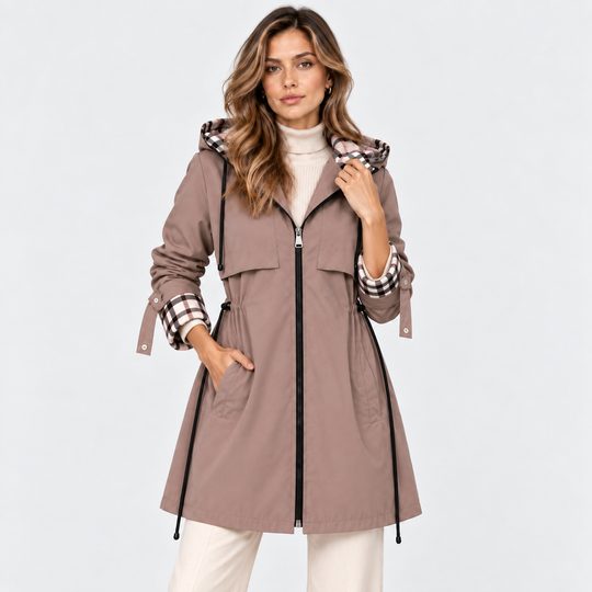 Lange Kapuzenjacke Damen Reißverschluss Tunnelzug Taille