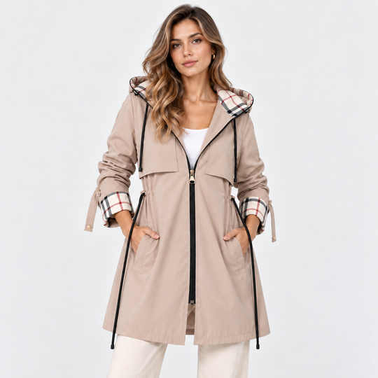 Lange Kapuzenjacke Damen Reißverschluss Tunnelzug Taille