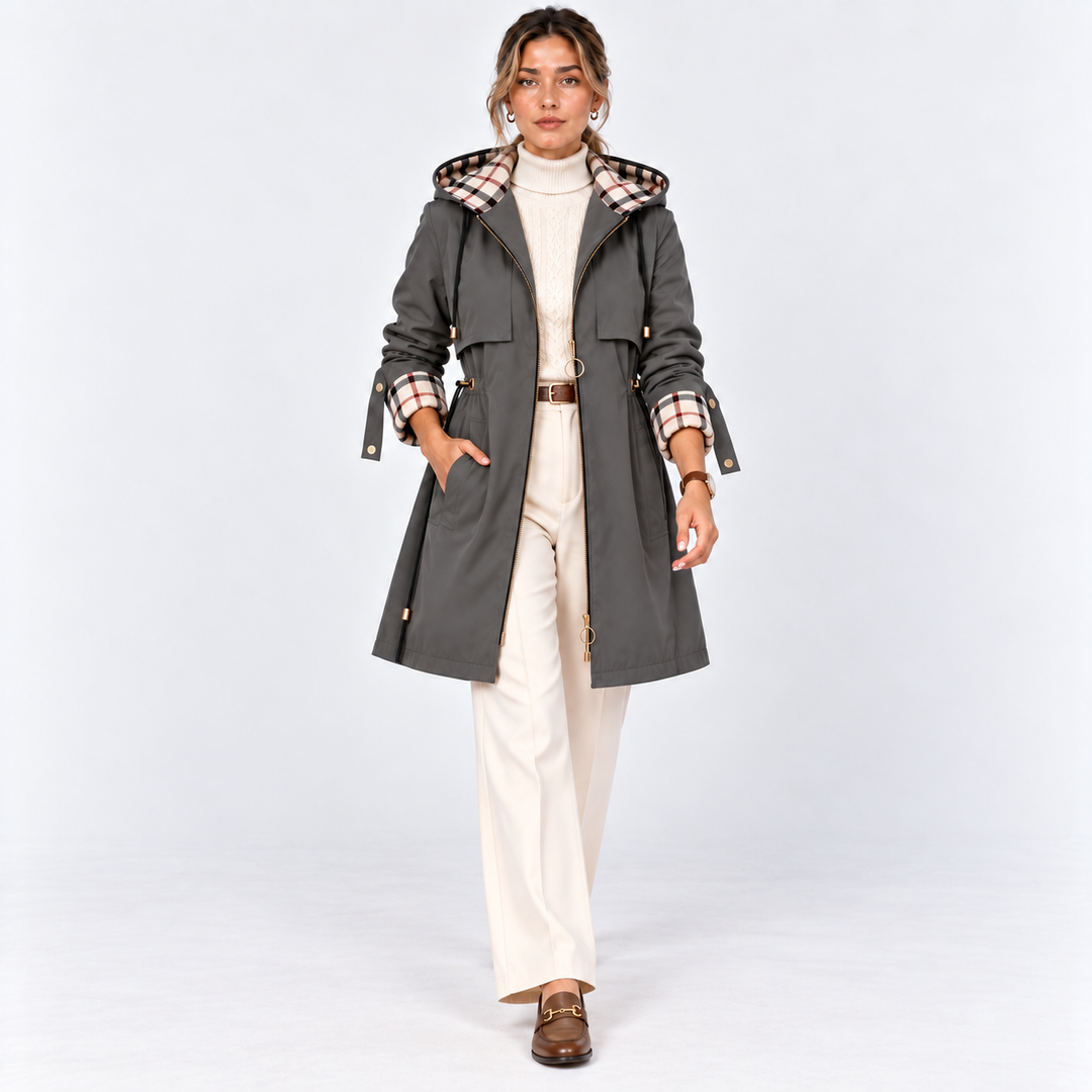 Lange Kapuzenjacke Damen Reißverschluss Tunnelzug Taille