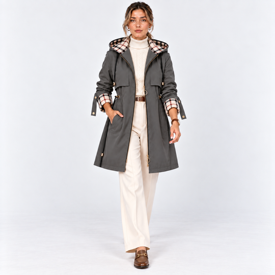Lange Kapuzenjacke Damen Reißverschluss Tunnelzug Taille