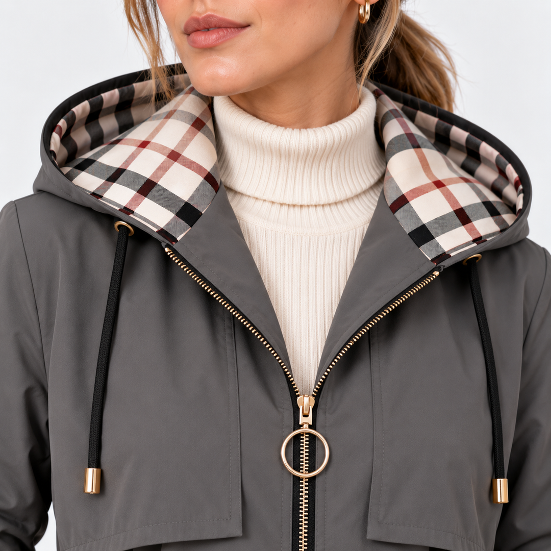 Lange Kapuzenjacke Damen Reißverschluss Tunnelzug Taille