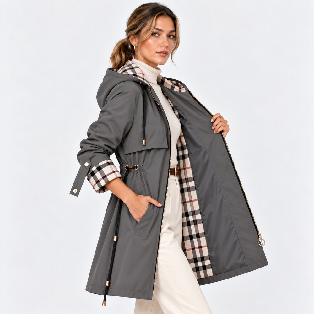 Lange Kapuzenjacke Damen Reißverschluss Tunnelzug Taille