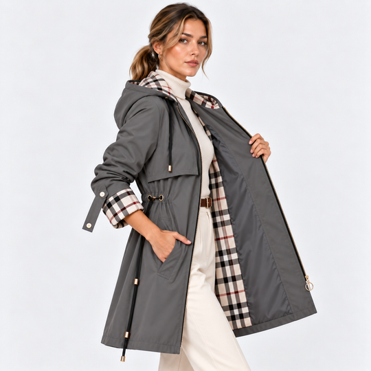 Lange Kapuzenjacke Damen Reißverschluss Tunnelzug Taille