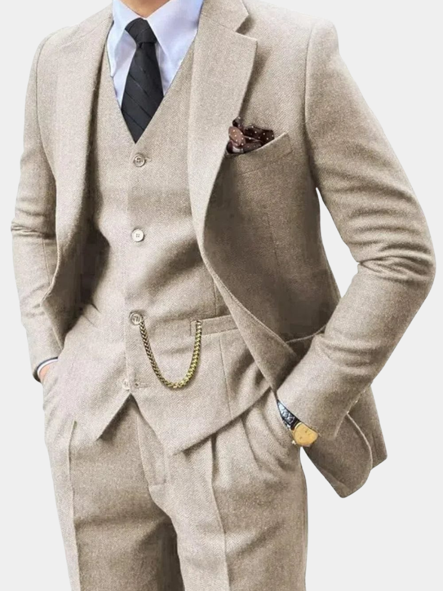Fischgrat Anzug Herren Dreiteiler Weste Wollmix Elegant