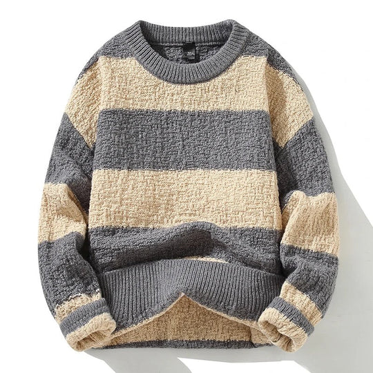 Grobstrick Pullover Herren Breite Streifen Rundhals