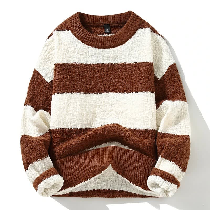 Grobstrick Pullover Herren Breite Streifen Rundhals