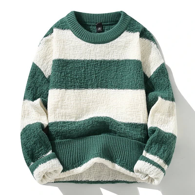 Grobstrick Pullover Herren Breite Streifen Rundhals