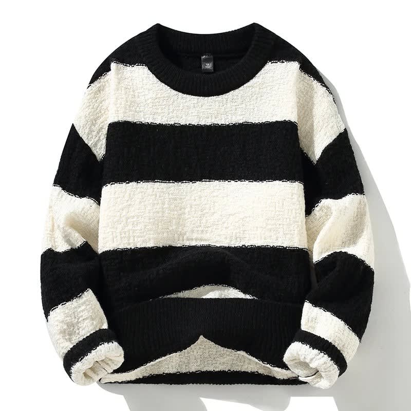 Grobstrick Pullover Herren Breite Streifen Rundhals