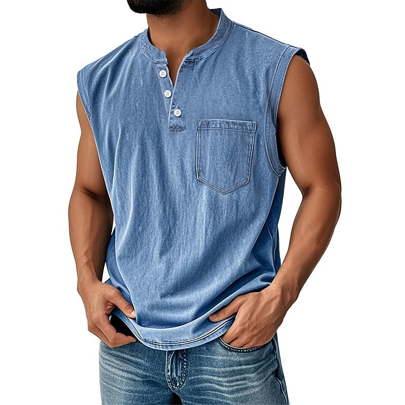 Vintage Washed Henley Tanktop Herren Baumwolle Ärmellos