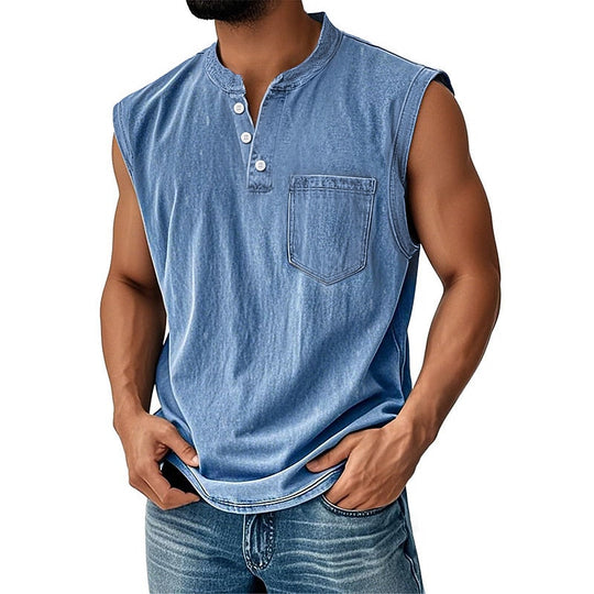 Vintage Washed Henley Tanktop Herren Baumwolle Ärmellos