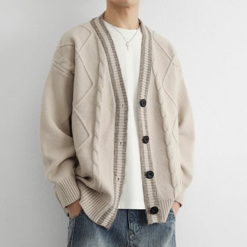 Zopfstrick Cardigan Herren V-Ausschnitt Kontrastblende