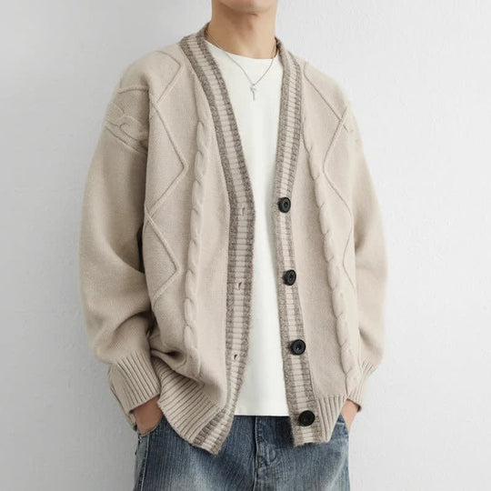 Zopfstrick Cardigan Herren V-Ausschnitt Kontrastblende
