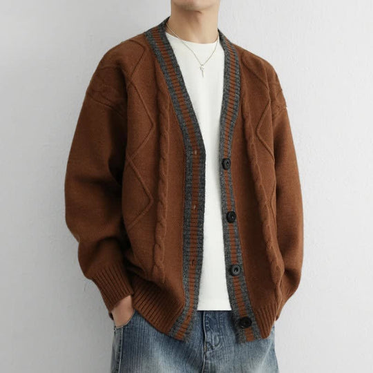 Zopfstrick Cardigan Herren V-Ausschnitt Kontrastblende