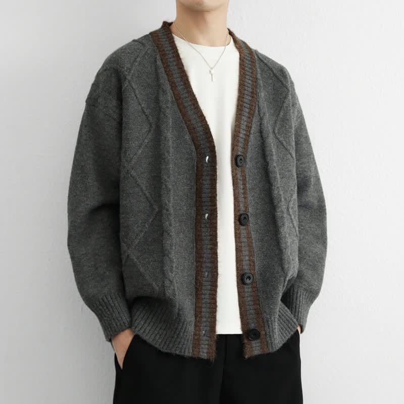 Zopfstrick Cardigan Herren V-Ausschnitt Kontrastblende
