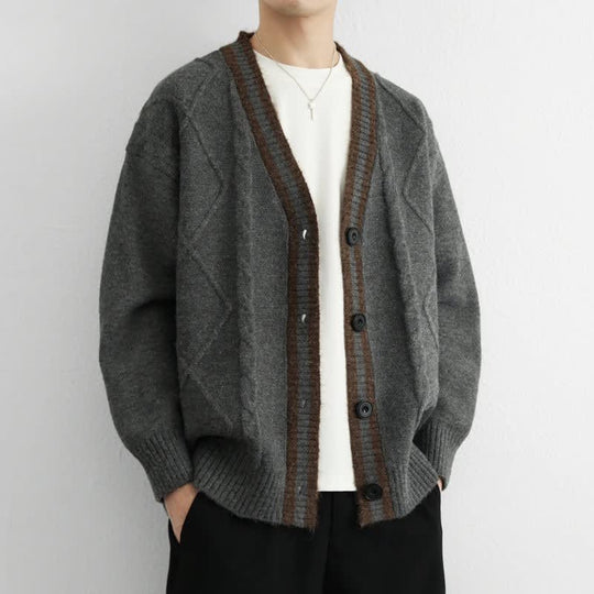 Zopfstrick Cardigan Herren V-Ausschnitt Kontrastblende