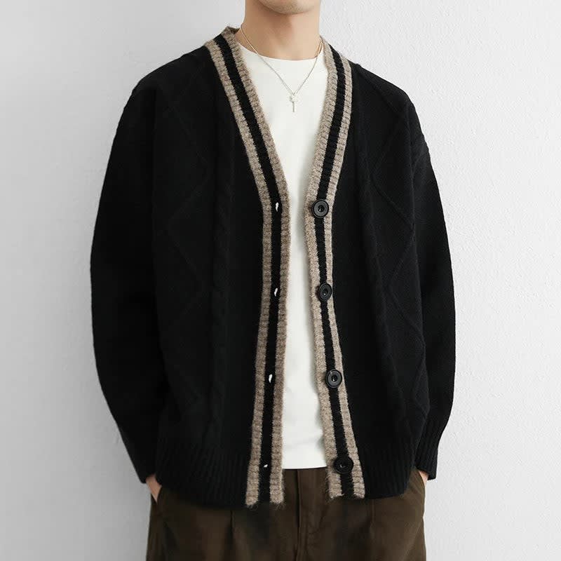 Zopfstrick Cardigan Herren V-Ausschnitt Kontrastblende
