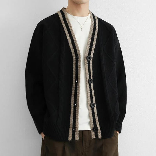 Zopfstrick Cardigan Herren V-Ausschnitt Kontrastblende