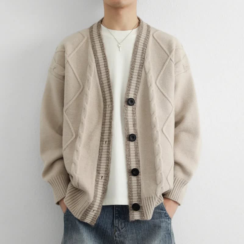 Zopfstrick Cardigan Herren V-Ausschnitt Kontrastblende