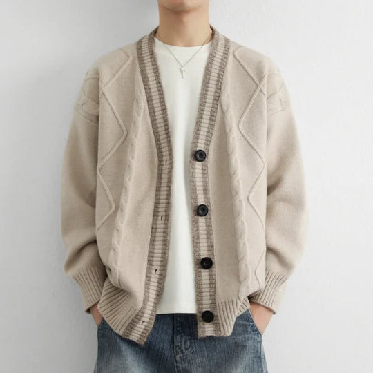 Zopfstrick Cardigan Herren V-Ausschnitt Kontrastblende
