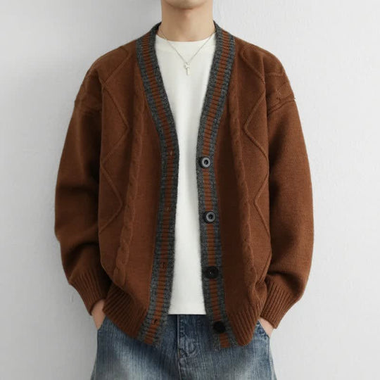Zopfstrick Cardigan Herren V-Ausschnitt Kontrastblende