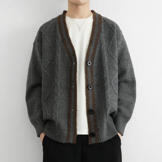 Zopfstrick Cardigan Herren V-Ausschnitt Kontrastblende
