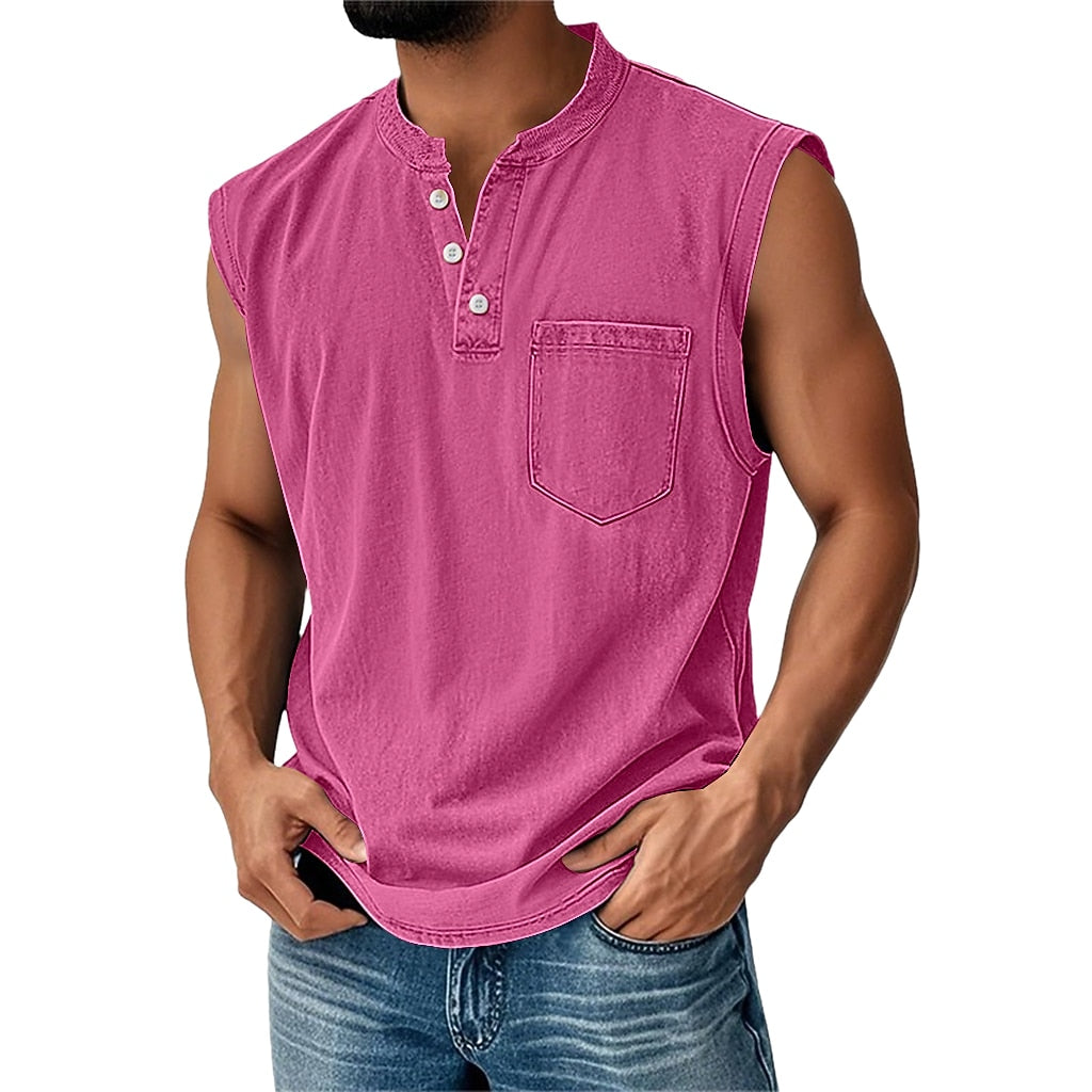 Vintage Washed Henley Tanktop Herren Baumwolle Ärmellos