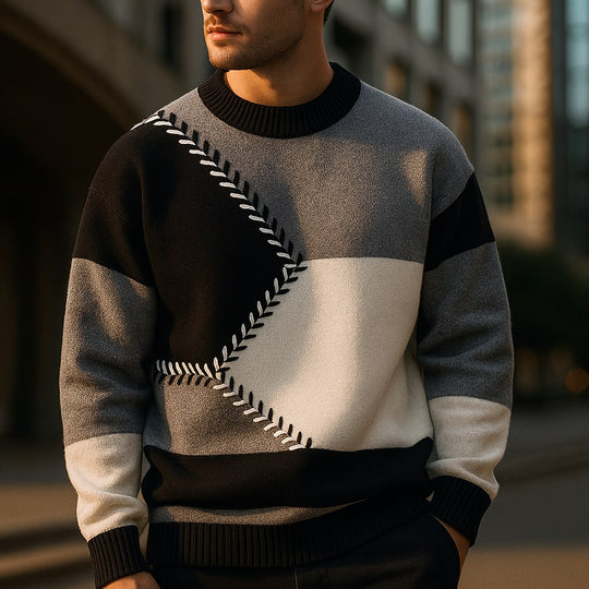 Colourblock Pullover Herren Geometrisch Rundhals Weich